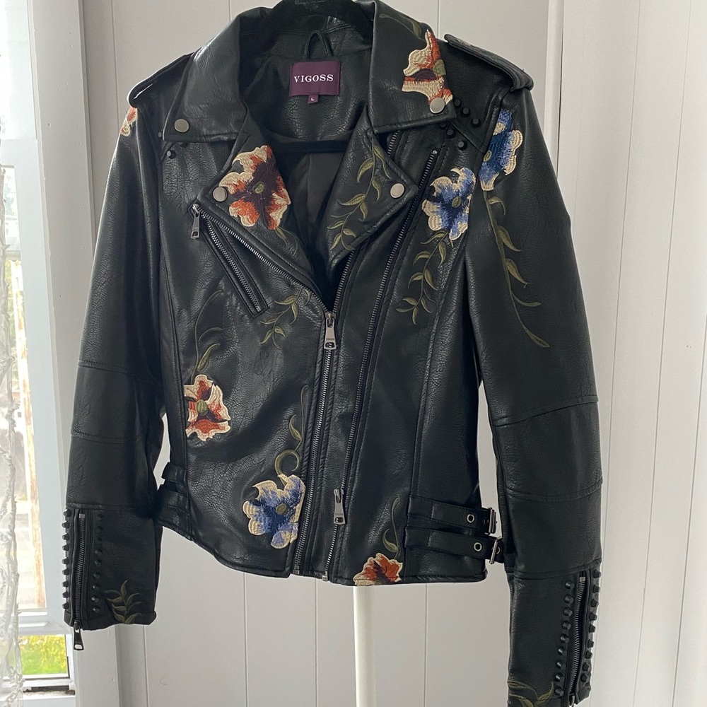 Faux Leather Floral Detail Motorcycle Jacket